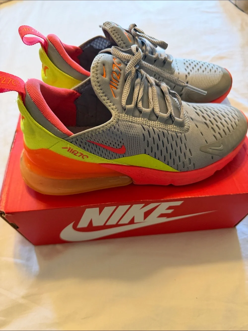 Nike Air Max 270 Men’s Grey with Neon Yellow and Bright Orange Accents